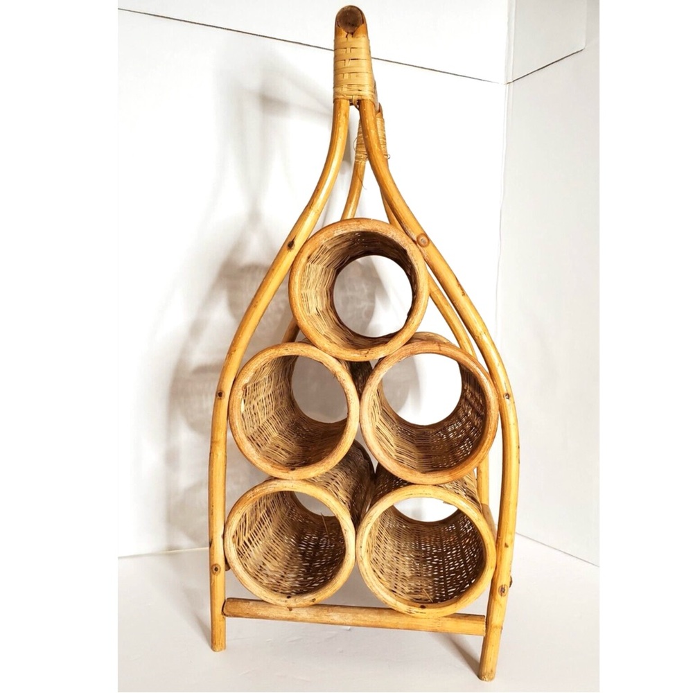 Vintage Wicker Rattan Wine Rack 5 Bottle Display